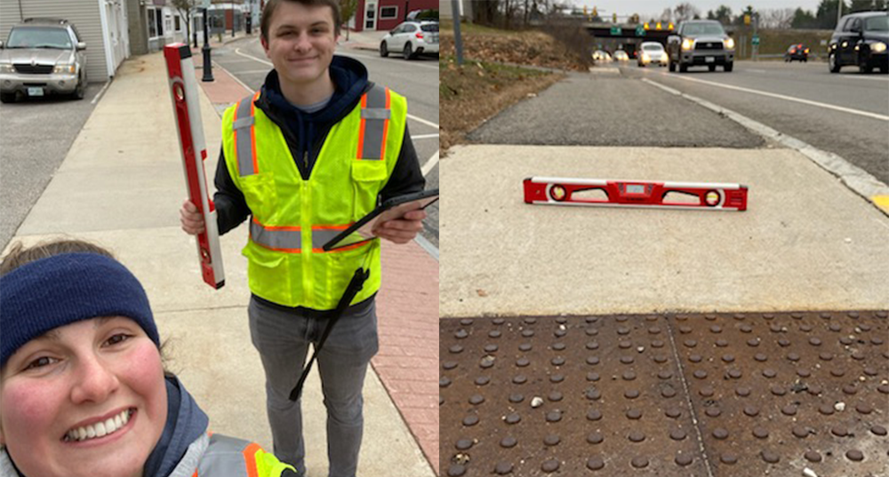 Two photos: One with a level on a sidewalk and traffic in the background, and the other where SRPC staff pose conducting sidewalk assessments