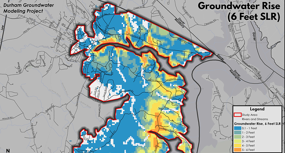 A snip of a map showing groundwater rise scenarios in Durham. NH