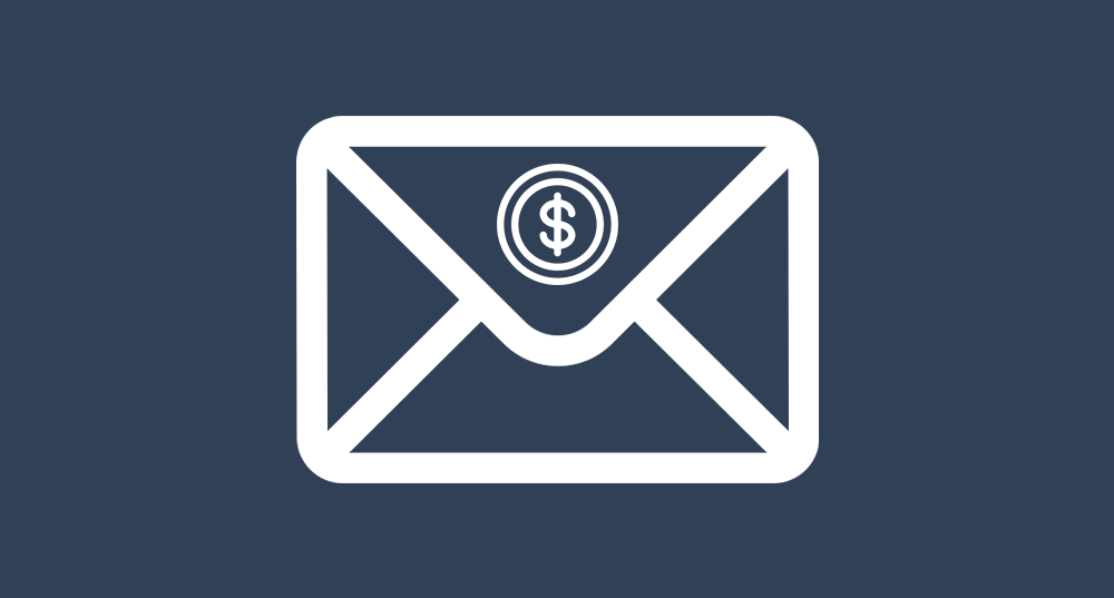 Graphic of an envelope representing an email with a dollar icon on it
