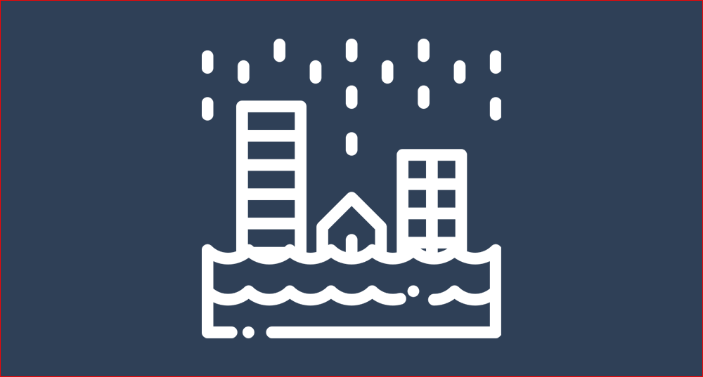 Graphic with an icon with a city in the background and flooding in the foreground