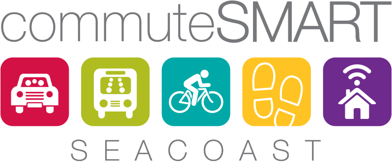 Colorful commutesmart seacoast logo which highlights different alternate modes of commuting like biking and teleworking