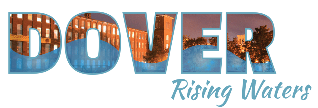 Logo for the Dover Rising Waters project with the word dover filled with an image of the mill downtown with an intruding wave