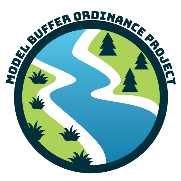 Logo for the Model Buffer Ordinance project with a river running through landscape with natural plant buffers