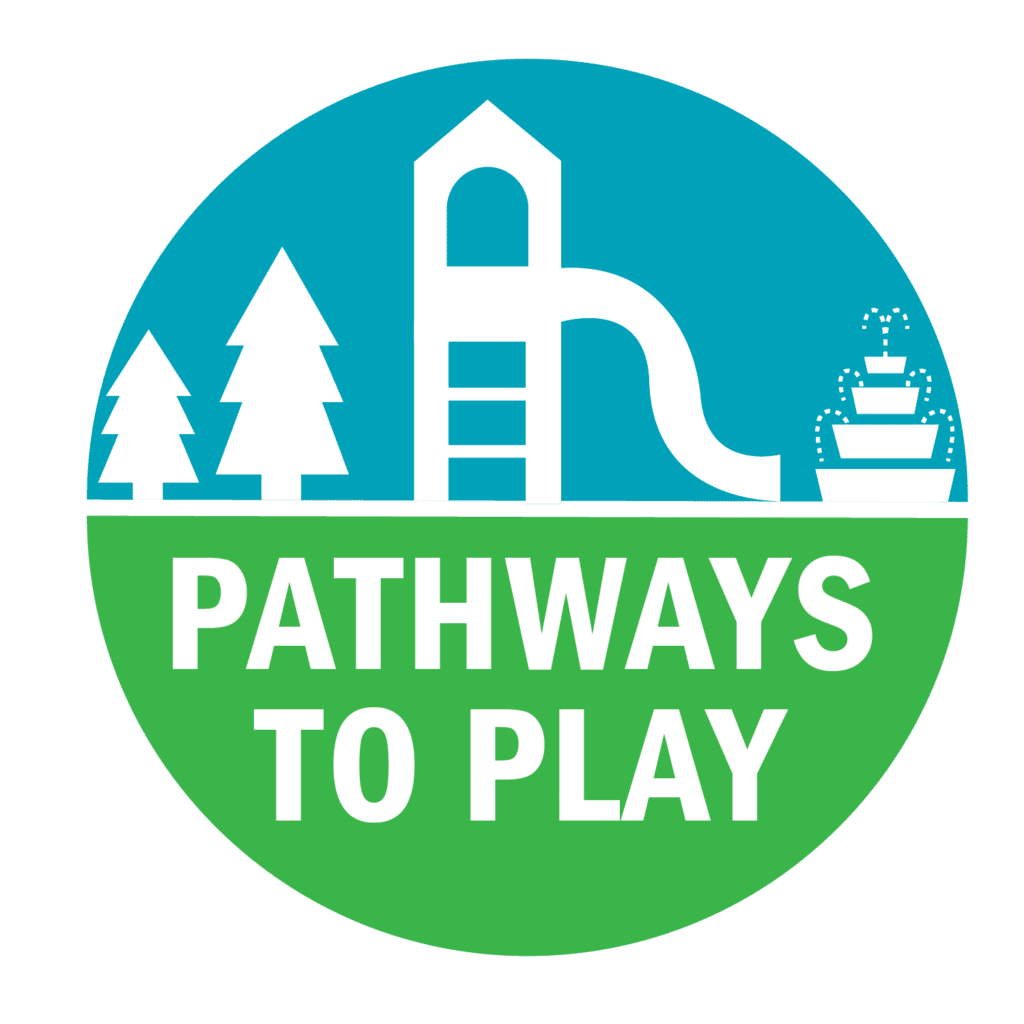 Logo for the pathways to play project featuring the outline of a playground