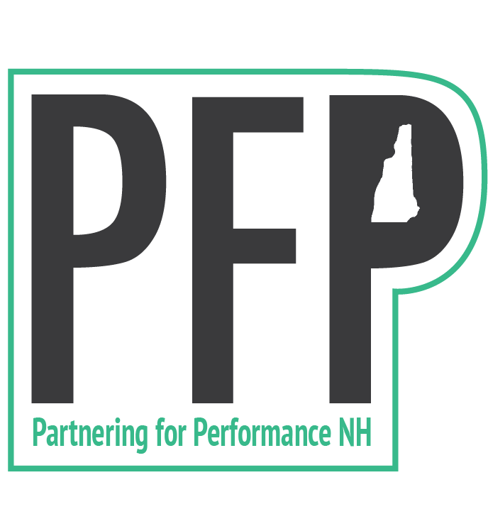 Logo for Partnering for Performance NH where the outline of the state of NH is used as the absent space in the letter "p"