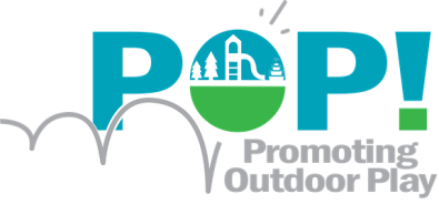 Logo for Promoting Outdoor Play which includes an outline of a playground on a bouncing ball which is used as the "o" in POP