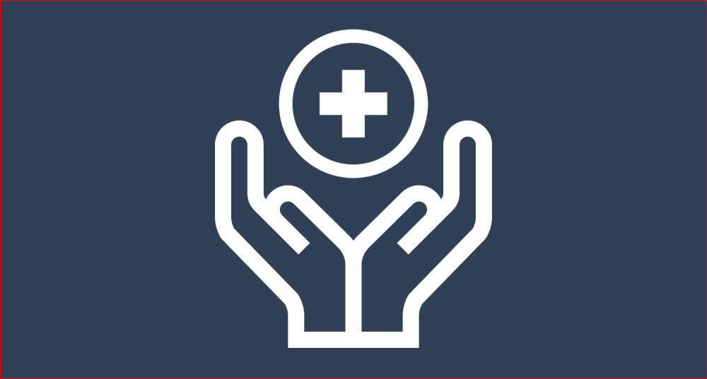 Graphic of a hands holding a circle icon with a medical symbol inside