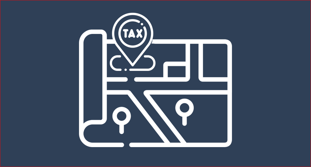 Graphic of a map with a geo locater icon reading "tax" above it