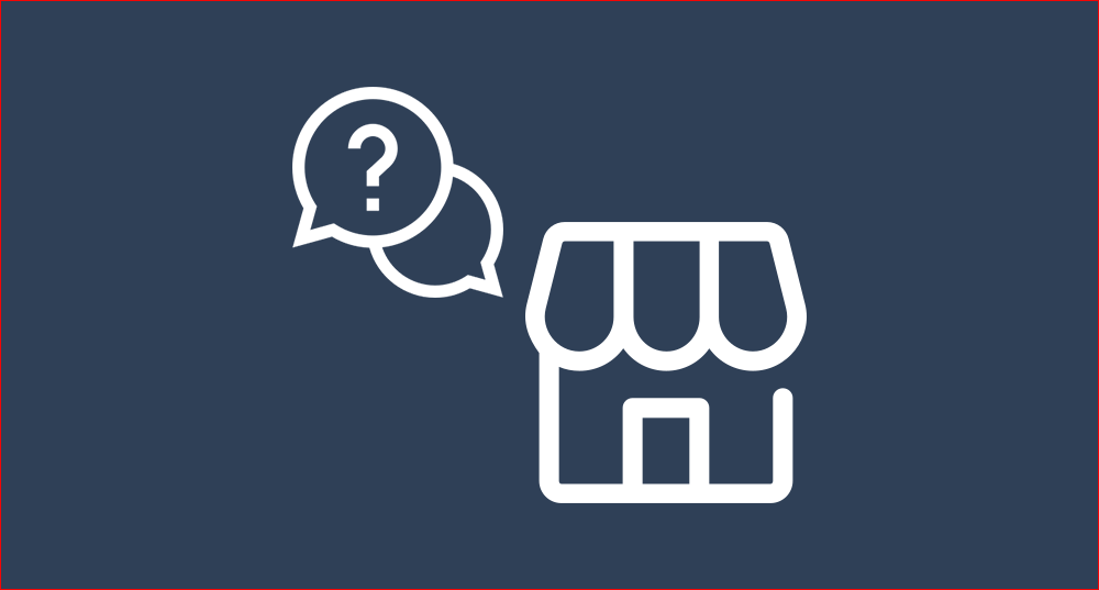 Graphic of a downtown business with a chat icon overlayed with a question mark