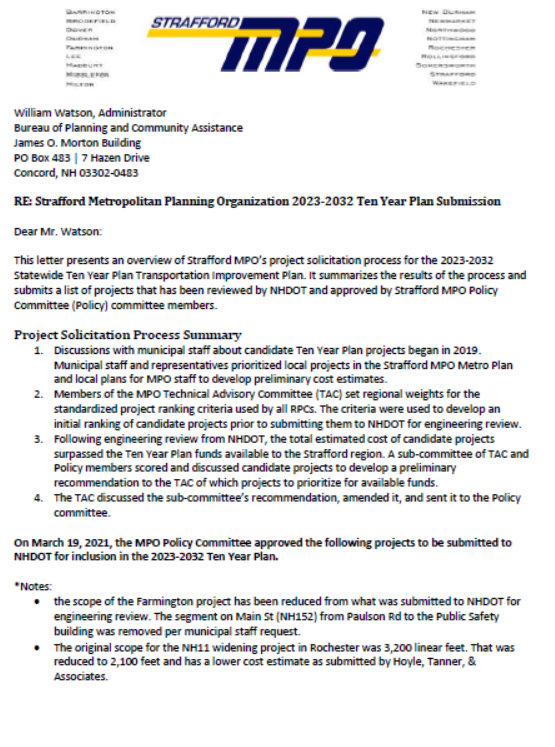 Cover of Ten Year Plan Regional Priorities Submission Letter