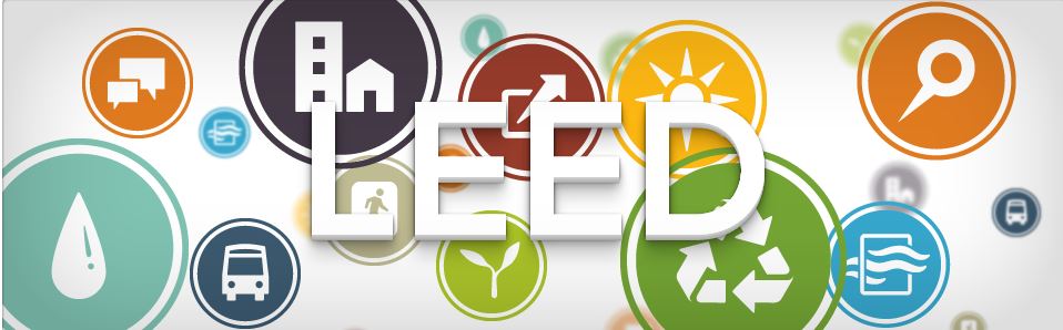 LEED program letters and colorful icons with sustainability symbols