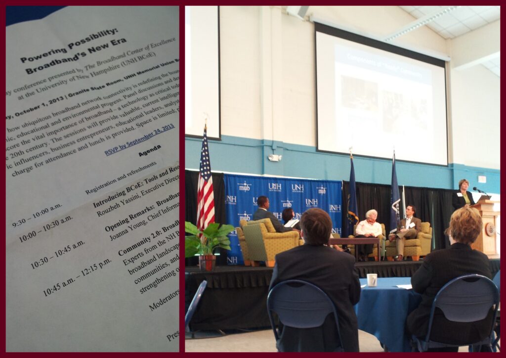 Photo from the UNH Broadband meeting with speakers on stage and a picture of the agenda