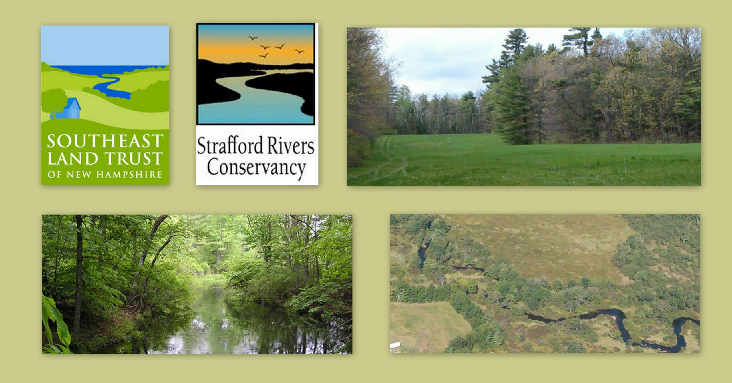 Stitch of Southeast Land Trust and Strafford Rivers Conservancy logos and conservation properties