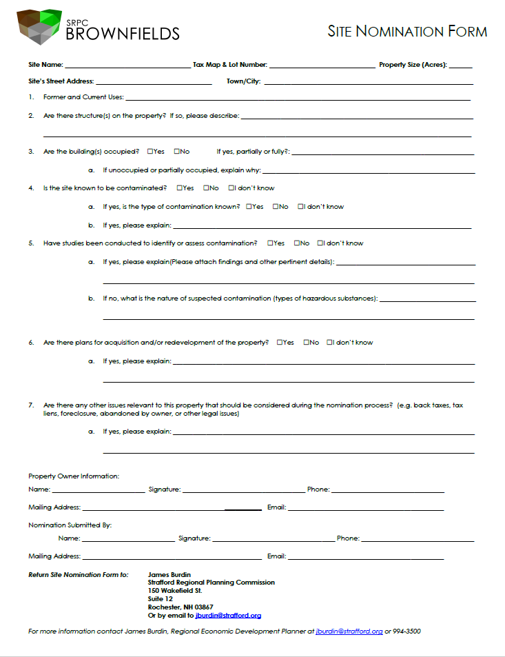 Screenshot of the SRPC Brownfields Site Nomination Form
