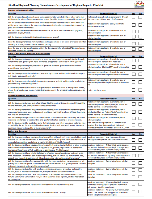 Screenshot of the Developments of Regional Impact Checklist