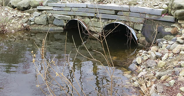 A double culvert with a smal stone wall atop it