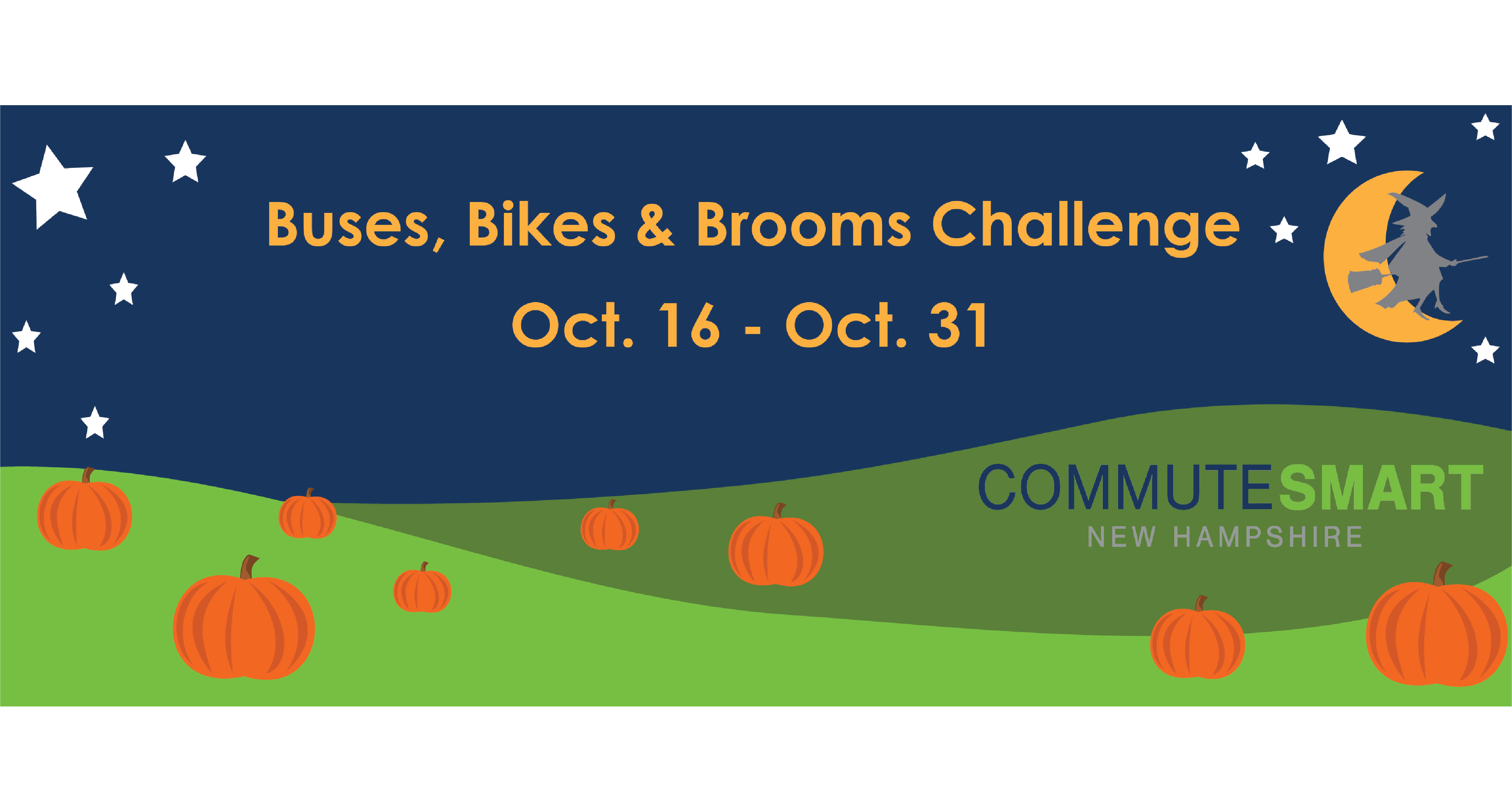 Graphic showing pumpkin fields and a witch on a broom riding by the moon with the 2021 Buses, Bikes and Brooms commuter challenge