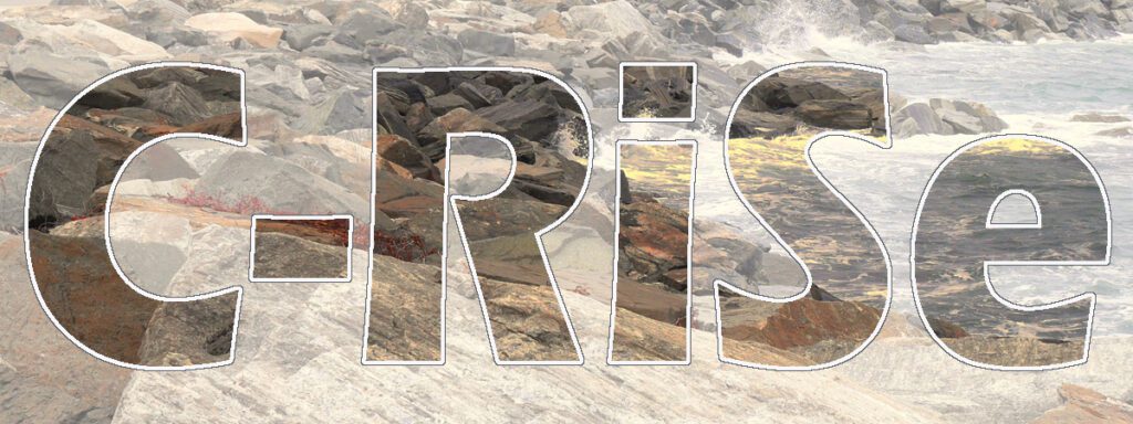 Logo for the C-RiSe project with transparent letters in front of a rocky coast with waves crashing
