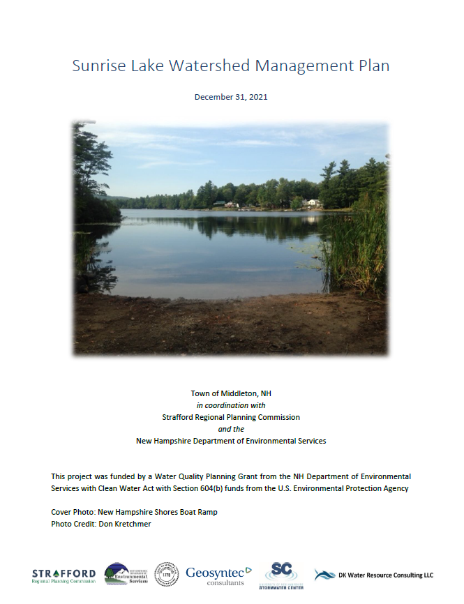 Cover of the Sunrise Lake Watershed Management Plan featuring an image of a beach at sunrise lake