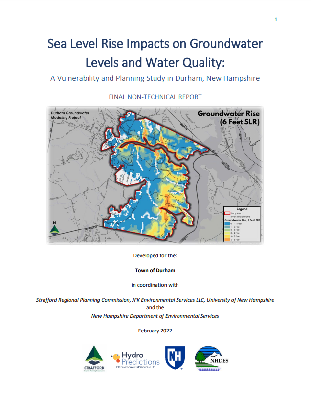 Cover of the Sea Level Rise Impacts on Groundwater Levels and Water Quality Report with a groundwater rise map of Durham