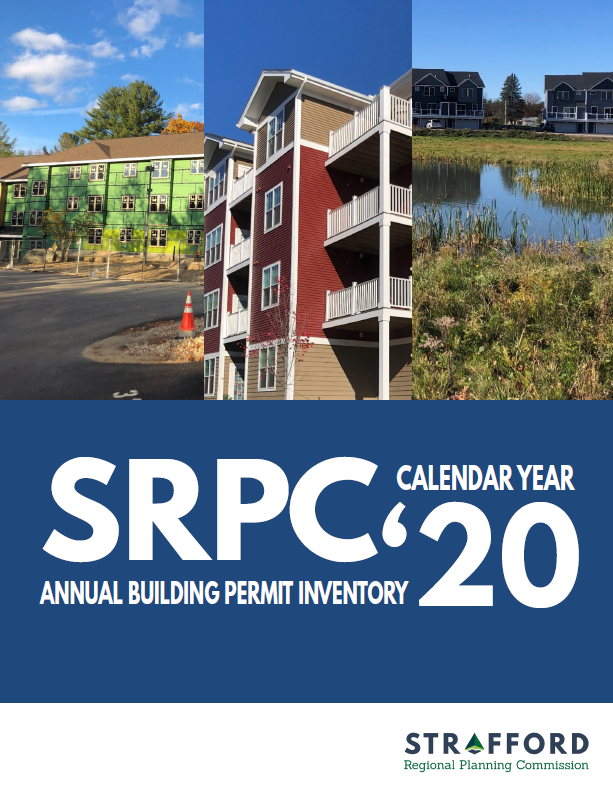 Screenshot of the cover of the 2020 building permit report, which features three images of new construction within the region.
