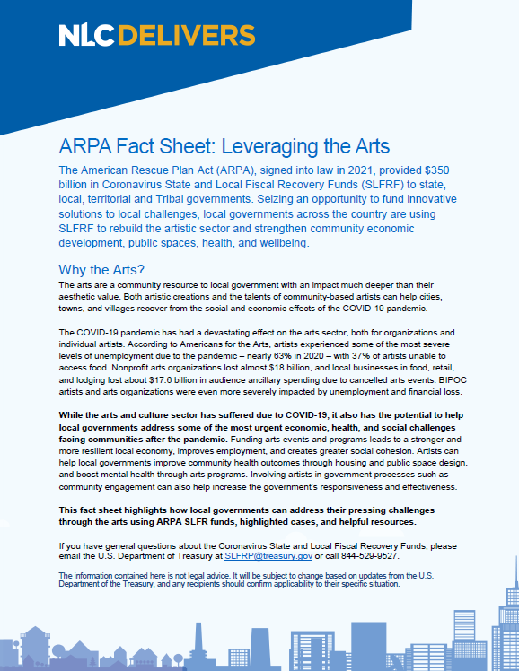 Screenshot of the cover of the National League of Cities Leveraging the Arts Fact Sheet
