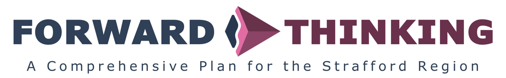 Logo reading "Forward Thinking" where "Forward" is in navy blue and "Thinking" is in pink-purple, separated by a pink version of the SRPC triangle logo on its side. Subtitle reading "A Comprehensive Plan for the Strafford Region" underneath, also in navy blue.