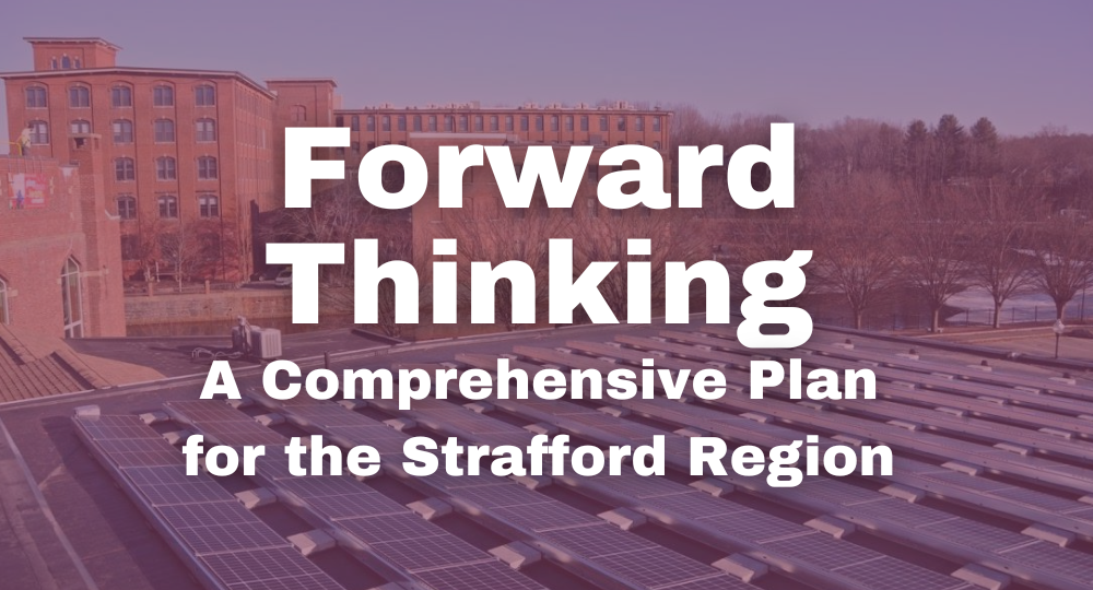 White cover text reading "Forward Thinking: A Comprehensive Plan for the Strafford Reion" over a transparent pink-background filtered image of a mill building with solar panels.